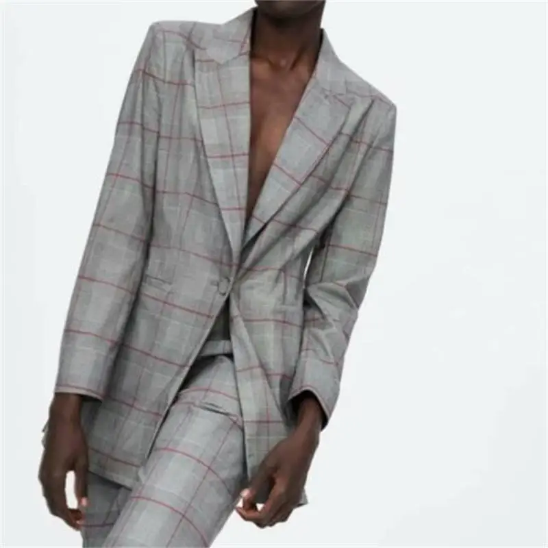 

Women Plaid Print Fashion Retro Gray Long Blazer Autumn Long sleeve Single Button Striped Coat Suits Office Outerwear N489