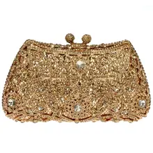 DC1989 Crystal Flower Golden Brown Rhinestone Shiny Metal Evening Bag Bridal Wedding Clutches Women Party Handbag (0812G-A)