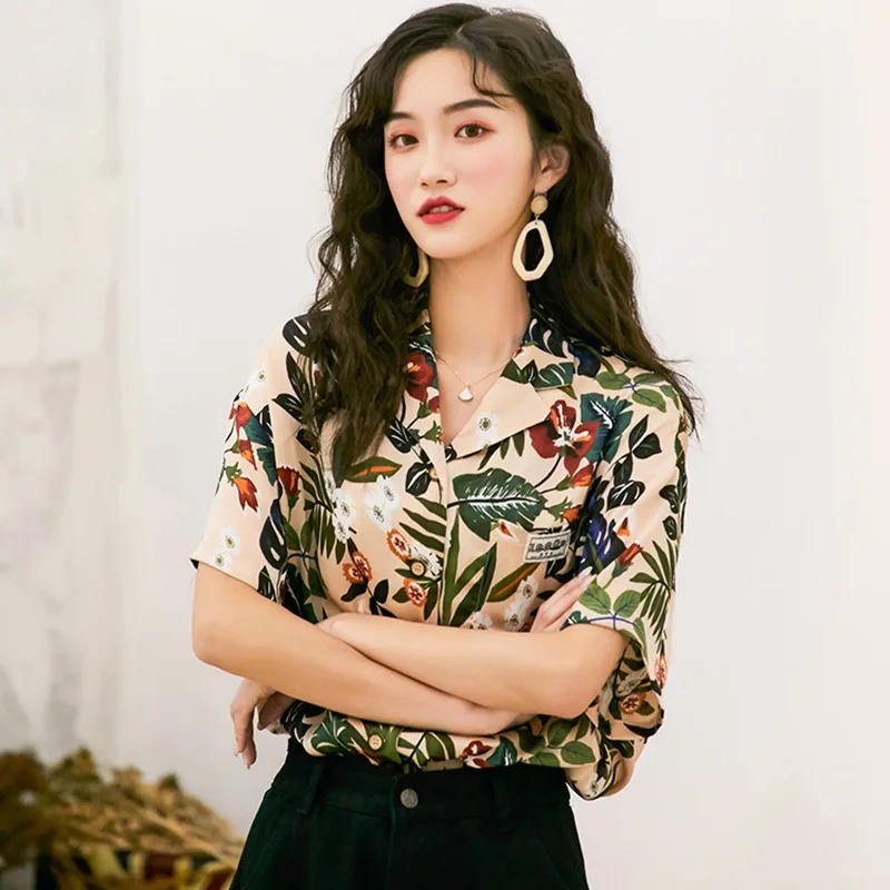 

Korean Vintage Print Blouse Fashion Short Sleeve Summer turn-down collar floral Loose wild holiday neutral Style women shirt