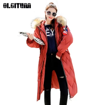 

New 2020 Winter M-3XL Fashion Big Fur Collar Long Loose Large Size Over-knee Thick with Pocket Down Cotton Padded Parka Black