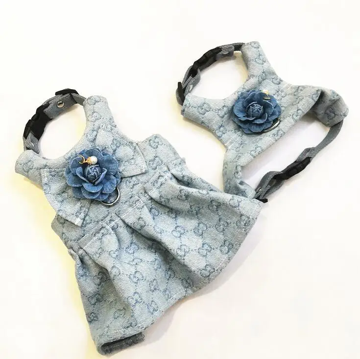 

Luxury Dog Cat Harness Pet Leash Vest Dress Designer Fashion Adjustable Small Medium Dog Puppy Denim Flower Printing Harness