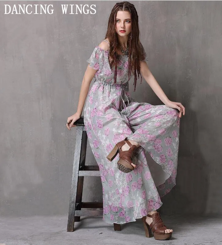 

Vintage floral print sling slash neck sexy chiffon jumpsuit fashion summer long flare wide leg party jumpsuit women