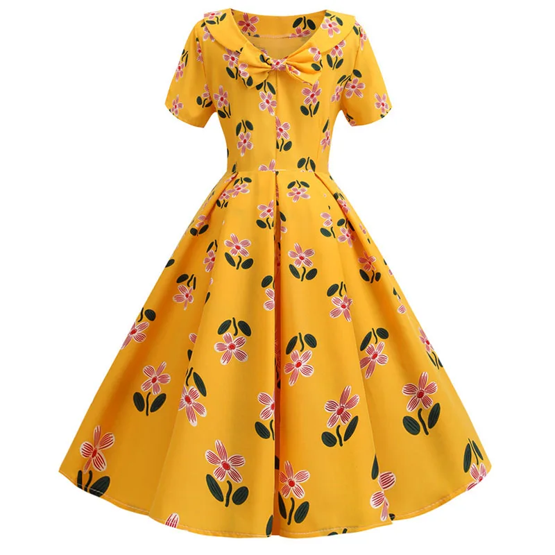 Женское винтажное платье с цветочным принтом, элегантное платье с коротким рукавом и круглым отложным воротником, повседневное летнее платье миди, вечерние платья