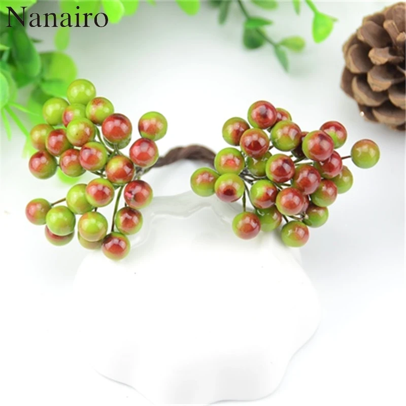 

250pcs 500heads Mini Pearl Fake Fruit Small Berries Artificial Flower Double Heads Cherry Bouquet Wedding Christmas Decorative