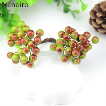 

250pcs 500heads Mini Pearl Fake Fruit Small Berries Artificial Flower Double Heads Cherry Bouquet Wedding Christmas Decorative