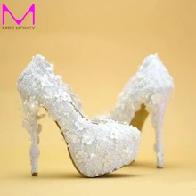 Wedding Shoes White Lace Elegant Bride Dress Shoes Thin Heel Platform Bridesmaid Shoes 2016 New Designer Women Party Pumps