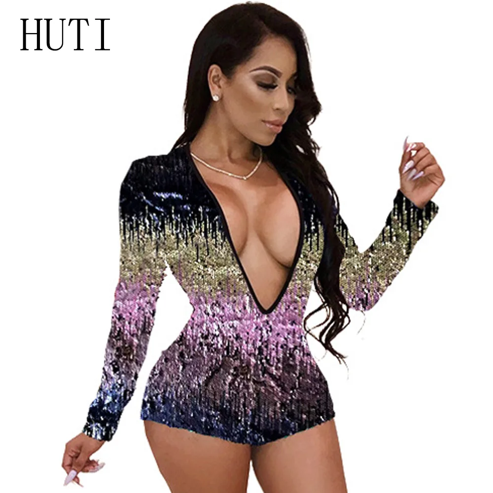 HUTI Charming Colorful Sequins Jumpsuit Rompers Sexy Deep V Neck Long Sleeve Playsuit Feminino Clubwear Skinny Jumpsuits