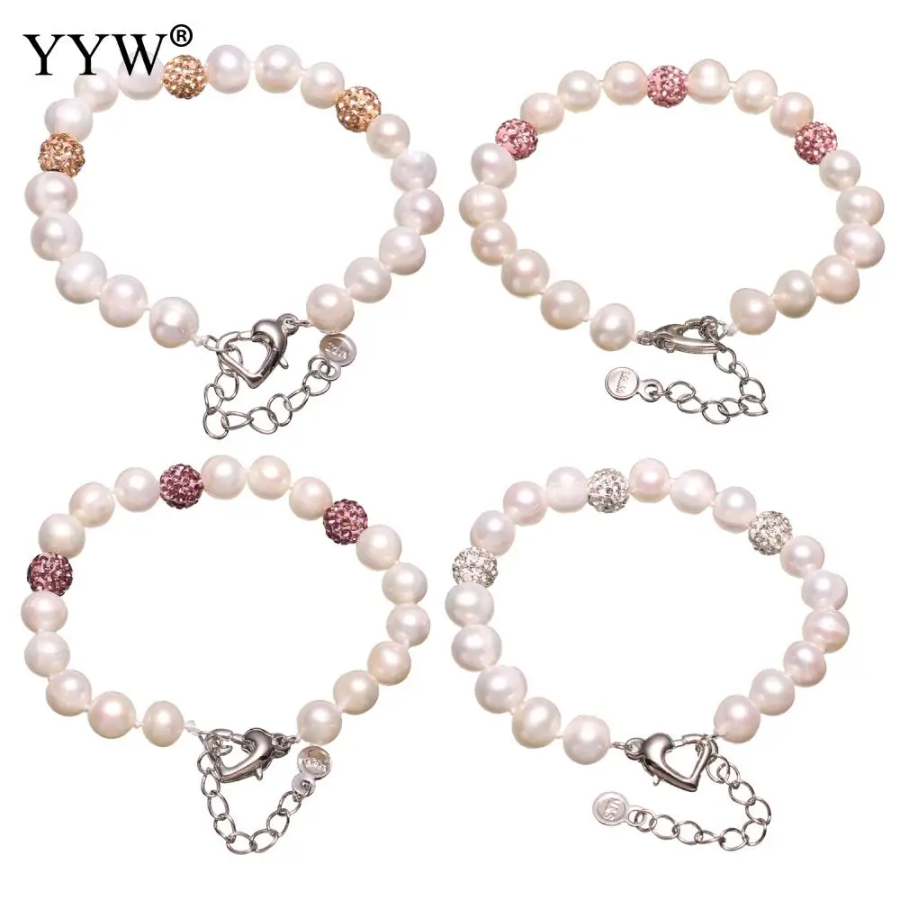 

Freshwater Cultured Pearl Bracelet Rhinestone Beaded Charm Silver Color Natural White Pearl Wristband Bracelet For Woman 2019