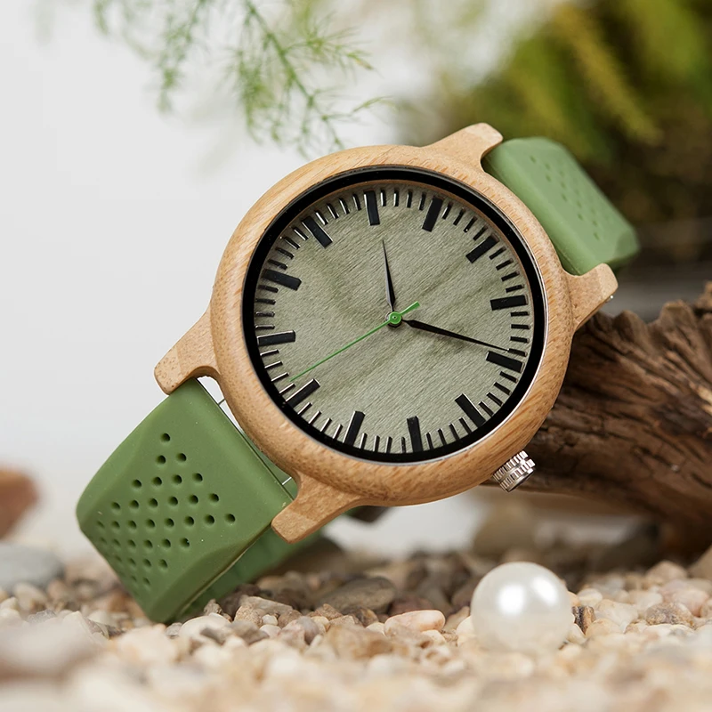 BOBO BIRD Bamboo Wooden Watch Men Quartz Watch with Green Silicone Strap Extra Band Men's Gift with Box relogio masculino W-B06