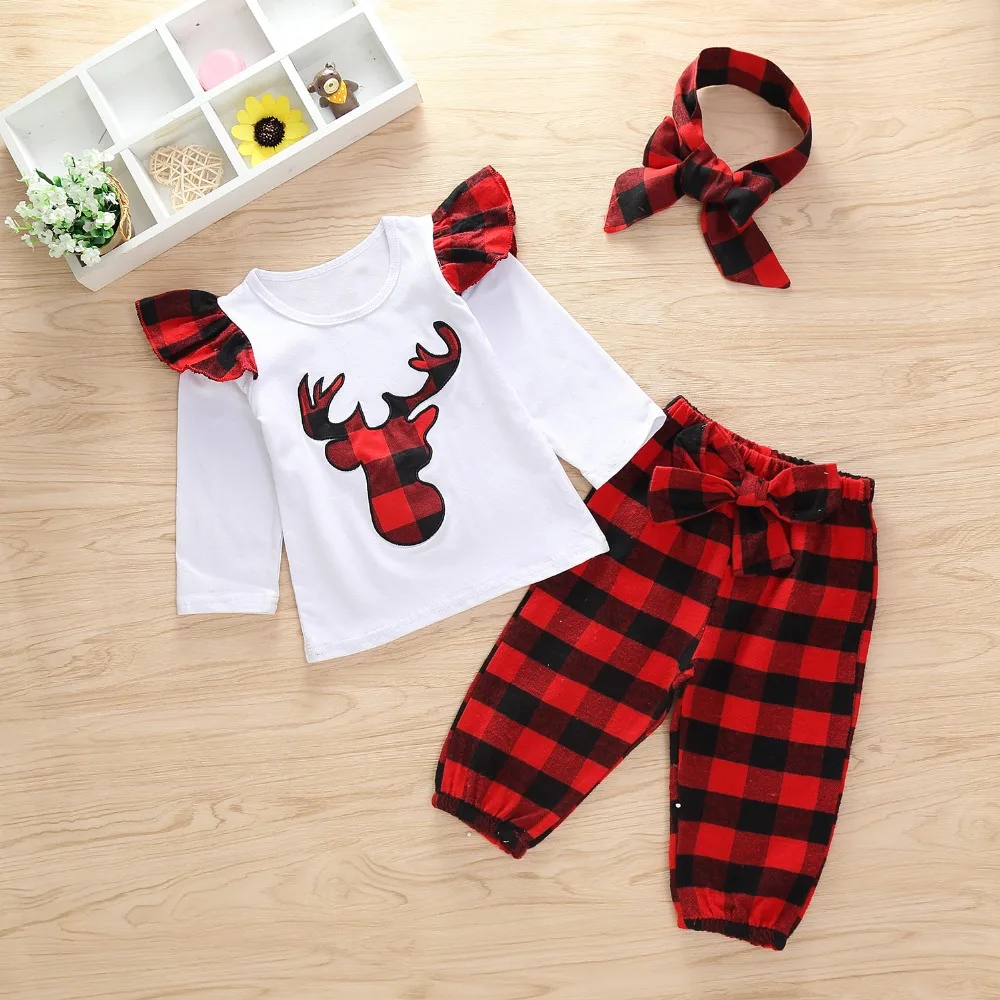 3pcs Baby Girls Clothing deer Soft Cottonwhite Bodysuit Tops+Print