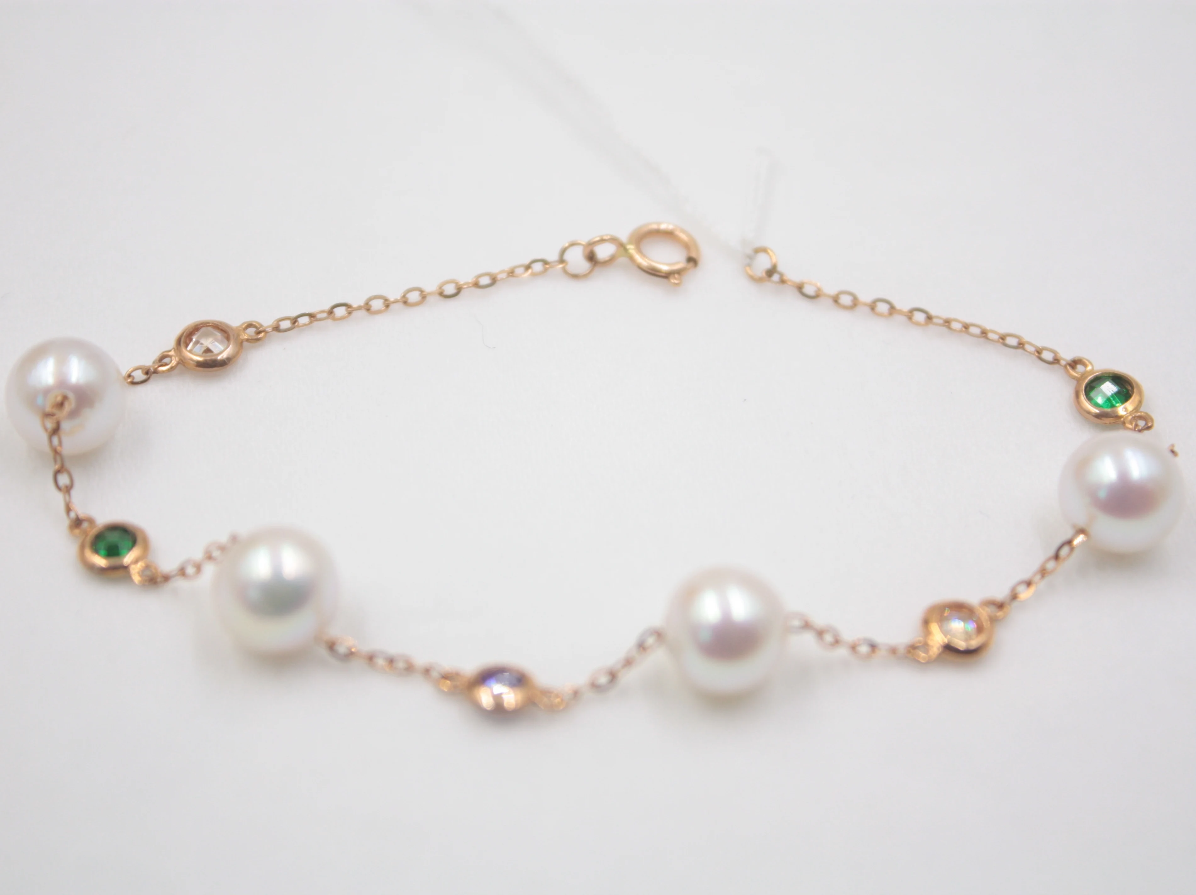 

Au750 18K Rose Gold Bracelet Woman's Natural Akoya Pearl Bead Color Zircon O Link 7.3''L