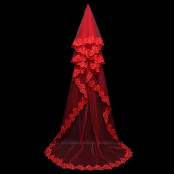 

Retro Red Cathedral Long Lace Wedding Veil 2016 High Quality Tulle with Appliques Bridal Veil Real Picture Free Shipping