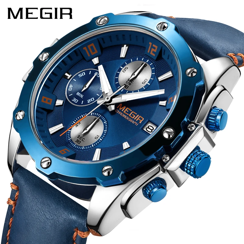 Günstige MEGIR Chronograph Männer Uhr Relogio Masculino Blau Leder Business Quarzuhr Uhr Männer Kreative Armee Militär Handgelenk Uhren