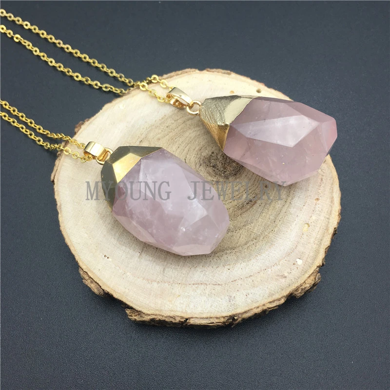 MY0921 Faceted Teardrop Roses Quartz Pendant Charm,Pear Shape Pink Crystal Pendant  Necklace with Gold Color Cap And Chain (1)