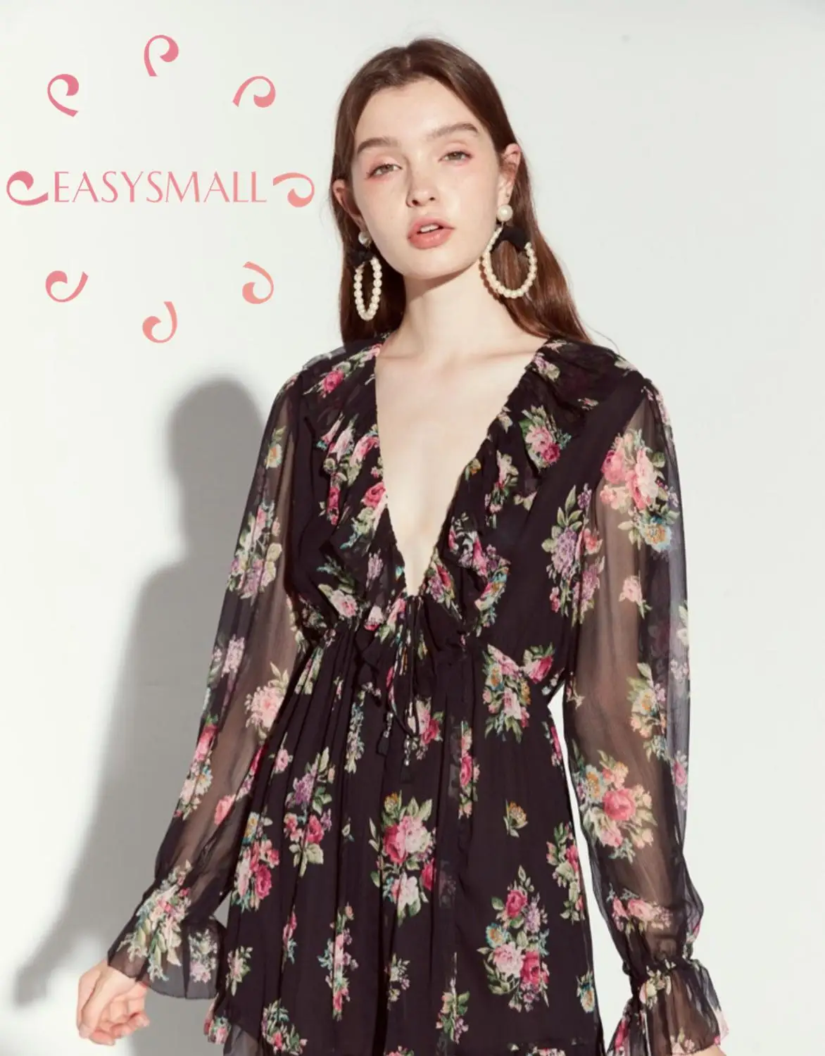 

EASYSMALL ZIMMER Women dress Fashion Sexy high-end Black printed ruffle party evening High Waist Long sleeve Dresses