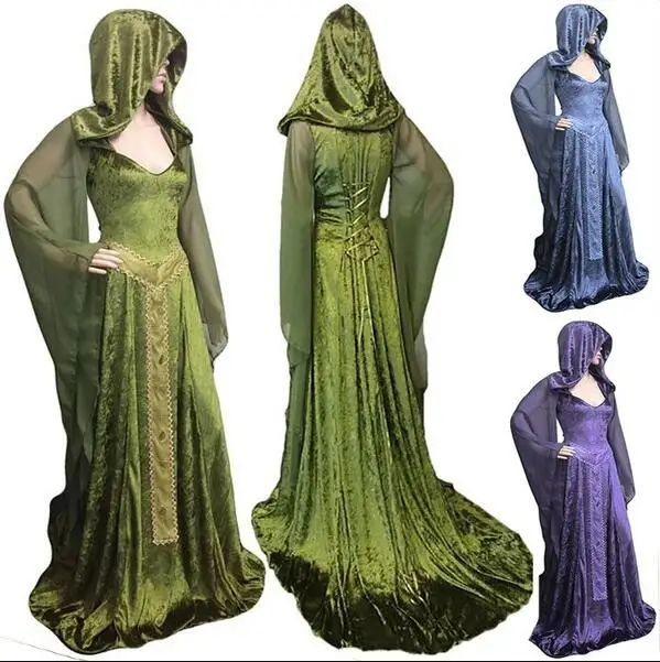3 Color Autumn and Winter Women's Fashion Retro Medieval Dress Green Flare Sleeve Back Lace Up Hooded Cosplay Costume Halloween Costume Sexy V-neck Floor Length Dress