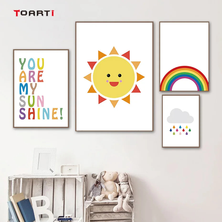 

Rainbow Sun Cloud Wall Art Canvas Poster Print Lovely Cartoon Nursery Painting Picture Nordic Style Children's Room Decor Gift