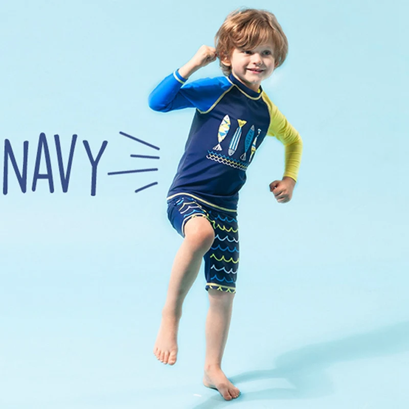 

Boy Children Swimwear Kid Printed Sunshade Nylon Long Sleeve Shirt Fifth Pants Shorts Two Piece Swimsuit Beach Swimming Surfing