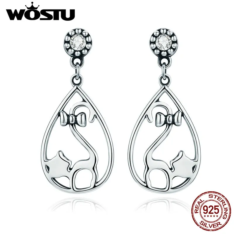 

WOSTU Fashion 100% Real 925 Sterling Silver Naughty Cat Clear CZ Drop Earrings For Women Luxury Jewelry Engagement Gift CQE365