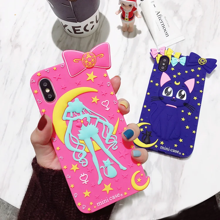 

For iphone X Cute Cartoon Sailor Moon Lovely Silicone Case cove For iPhone 7 7plus 8 8plus 6 6S 6Splus Luna Cat girls case