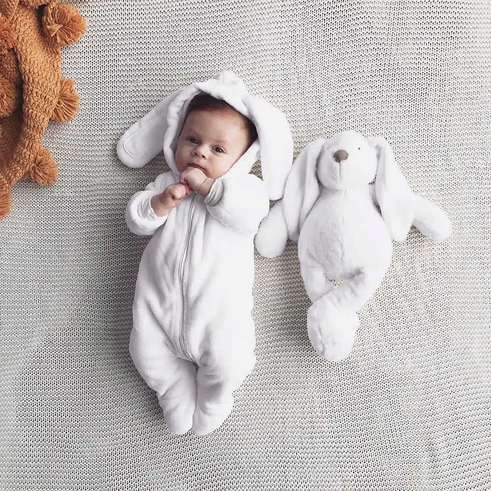 Newborn Baby Boy Girls Cartoon Bunny Warm Romper Jumpsuit Hooded Playsuit Outfit 