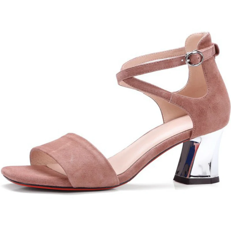 2017 summer fashion genuine sheepskin leather thick high heels cover heel sandals women shoes pumps (2)