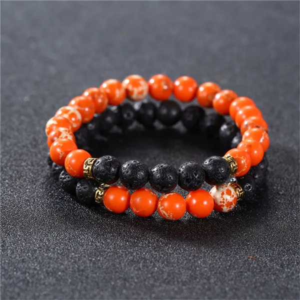 Black and Orange Горячая черный вулканический камень набор браслет чакра Йога браслет натуральный энергетический камень браслет из бисера ювелирные украшения для влюбленных Прямая поставка - Окраска металла: Black and Orange