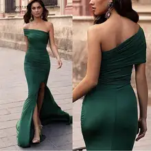 Темно-зеленая на одно плечо со шлейфом, В Стиле Русалка сбоку Разделение Шелковый Атлас Плиссированные Вечерние платья Простой Стиль Выходные туфли на выпускной недорогие вечерние платья