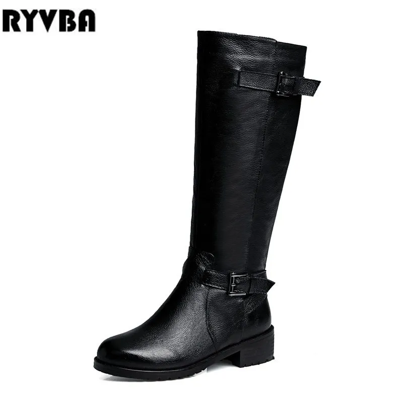 Женские сапоги до бедра RYVBA черные из натуральной кожи с пряжкой на квадратном