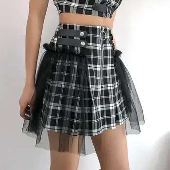 

Summer punk wind mesh patchwork plaid skirt