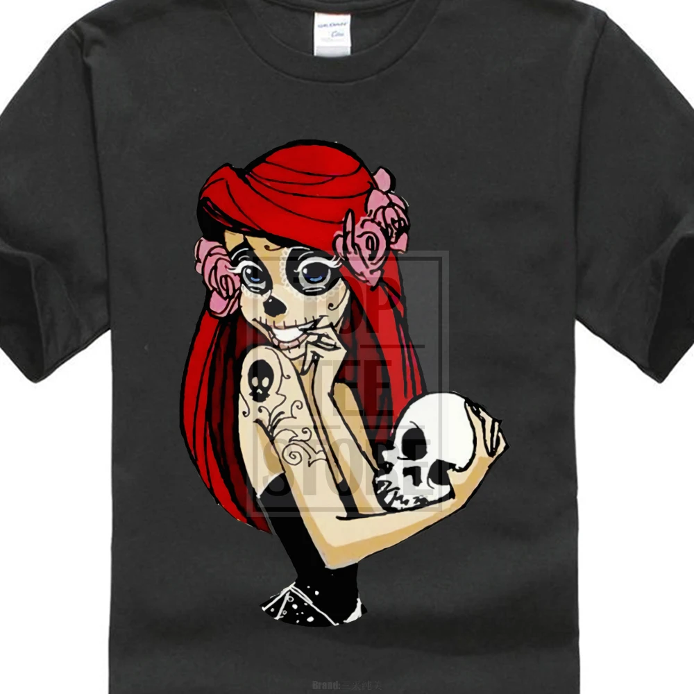

Summer 2018 New Pin Up Sugar Skull Ariel Tattoo Alt Hipster Little Mermaid Mens T Shirt Top Ah45 O Neck Streetwear Tees