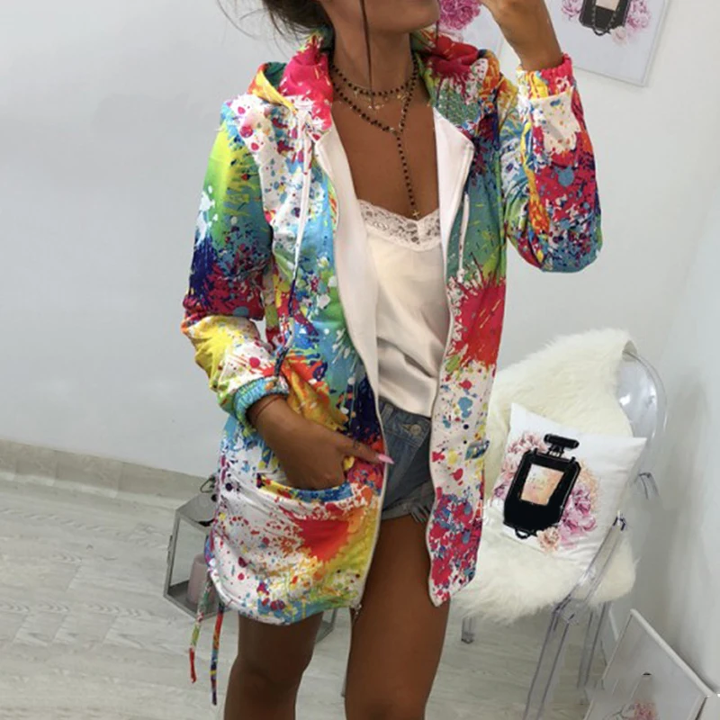 Women Autumn Winter Plus Size Printed Jacket Female Hooded Cashmere Cardigan Sweater Hoodies Coat Ladies Zipper Fashion Tops