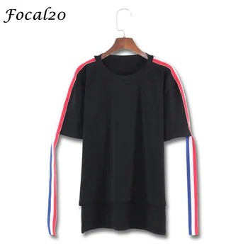 

Focal20 Harajuku Hit Color Ribbon Women T-shirt Summer Short Sleeve Irregular Hem Hip Hop Loose T Shirt Tee Top Streetwear