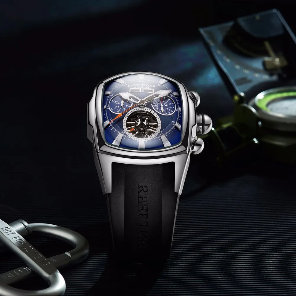  Reef Tiger/RT Designer Sport Watches Tourbillon Blue Dial Analog Display Watches Rubber Strap Lumin