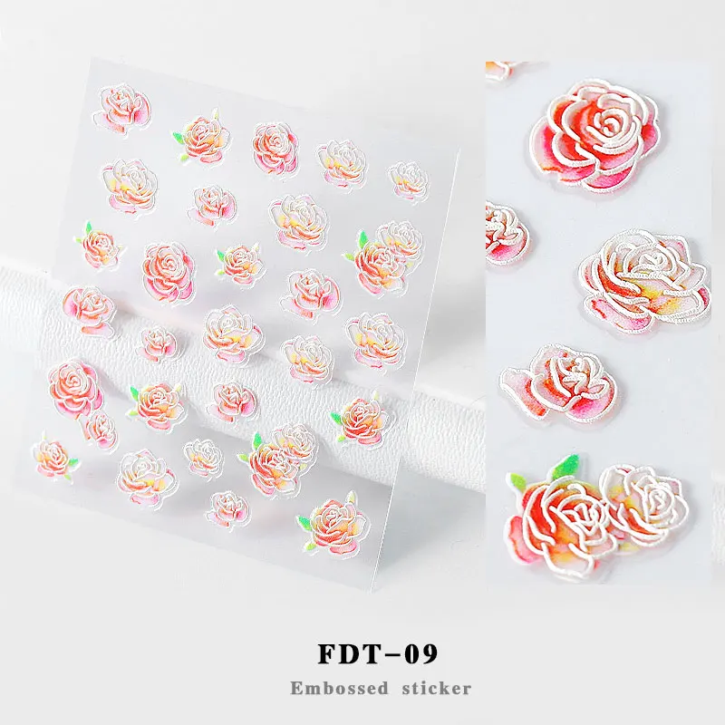 1 лист 5D самоклеющиеся наклейки для дизайна ногтей Акриловые переводные наклейки для дизайна ногтей рельефные цветочные дизайны аксессуары для маникюра - Цвет: FDT-09