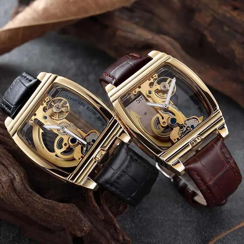 

Fully Transparent Skeleton Automatic Mechanical Watch Men Steampunk Design Self Winding Leather Mens Clock Watches Montre Homme