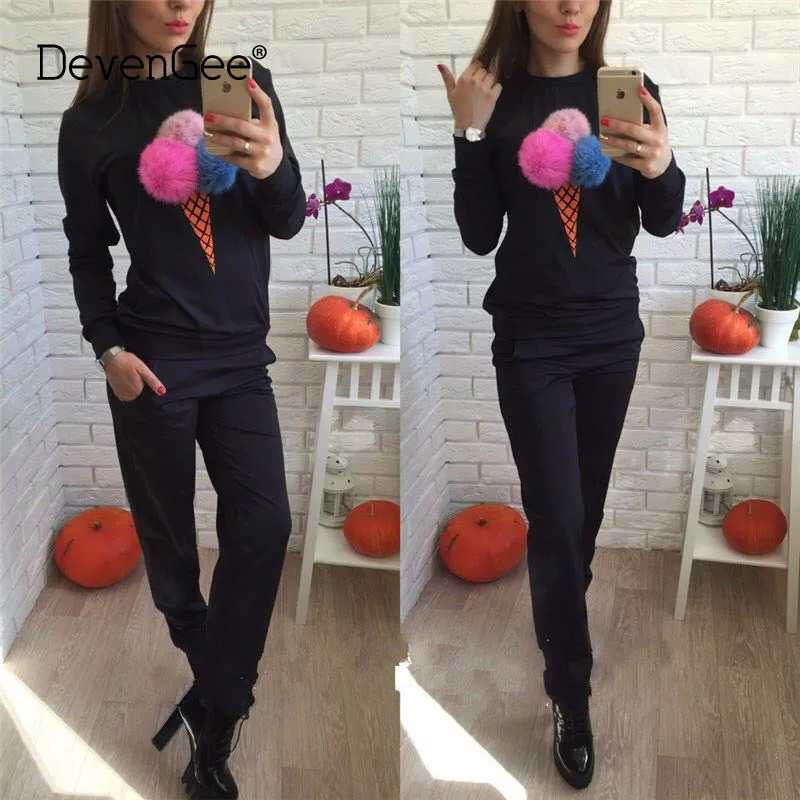 

DevenGee Autumn Women Clothing Two Piece Set Detachable Plush Ball Print Sweatshirt Pants Sporting Suit Female Tracksuit Outfit