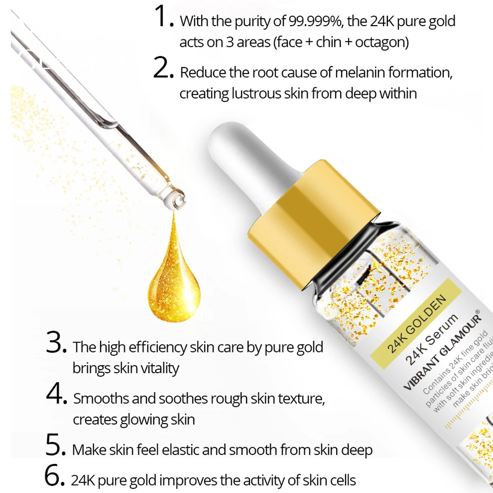 VIBRANT GLAMOUR 24K Gold Face Serum Anti-Aging Wrinkles Facial Serum Collagen Lift Firming Whitening Moisturize Skin Care Liquid