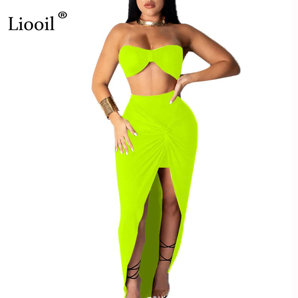 

Liooil Plus Size 2 Piece Neon Maxi Dress Women Clothes 2019 Off Shoulder Strapless Sexy Dress High Waist Party Club Long Dresses