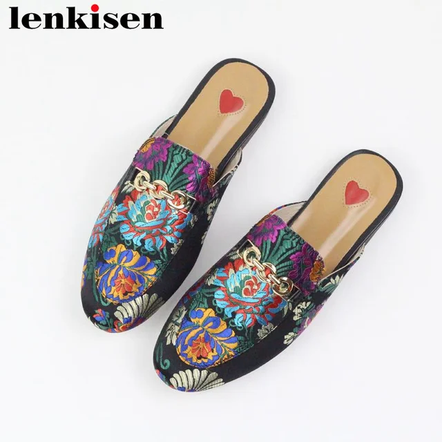 Lenkisen 2018 genuine leather slip on outside slippers oriental embroider mules metal decoration streetwear fashion women shoes 