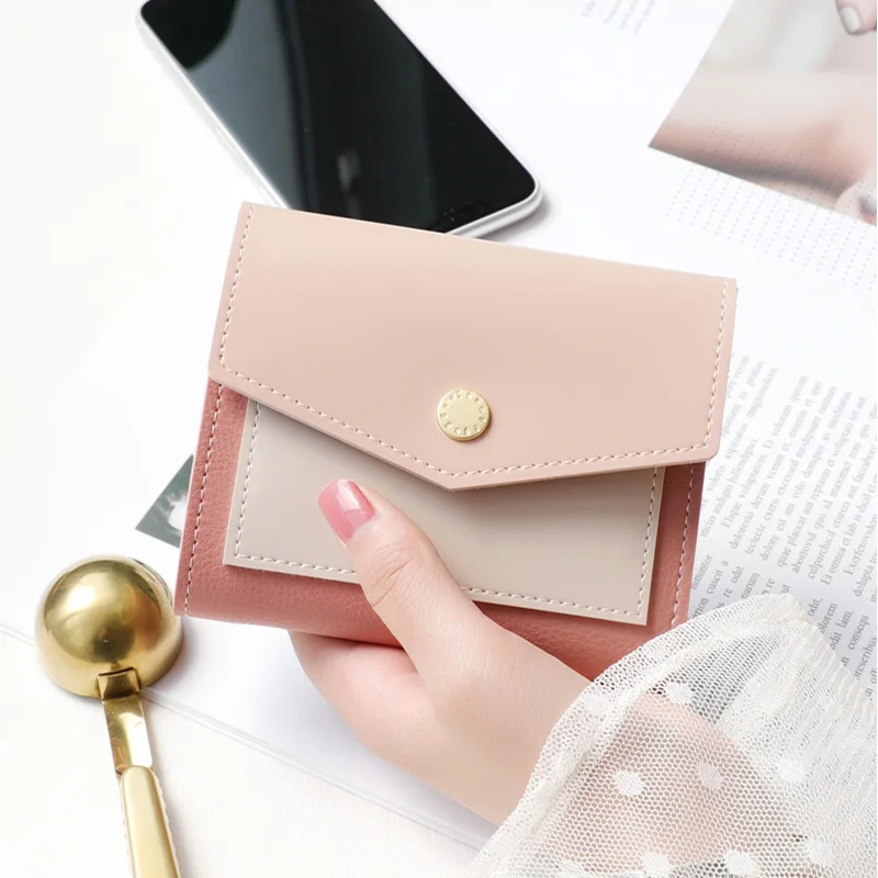 

Brand Women Wallet New Colorblock Short Envelope Design Purse Multifunction Card Holder Coin Purse Small