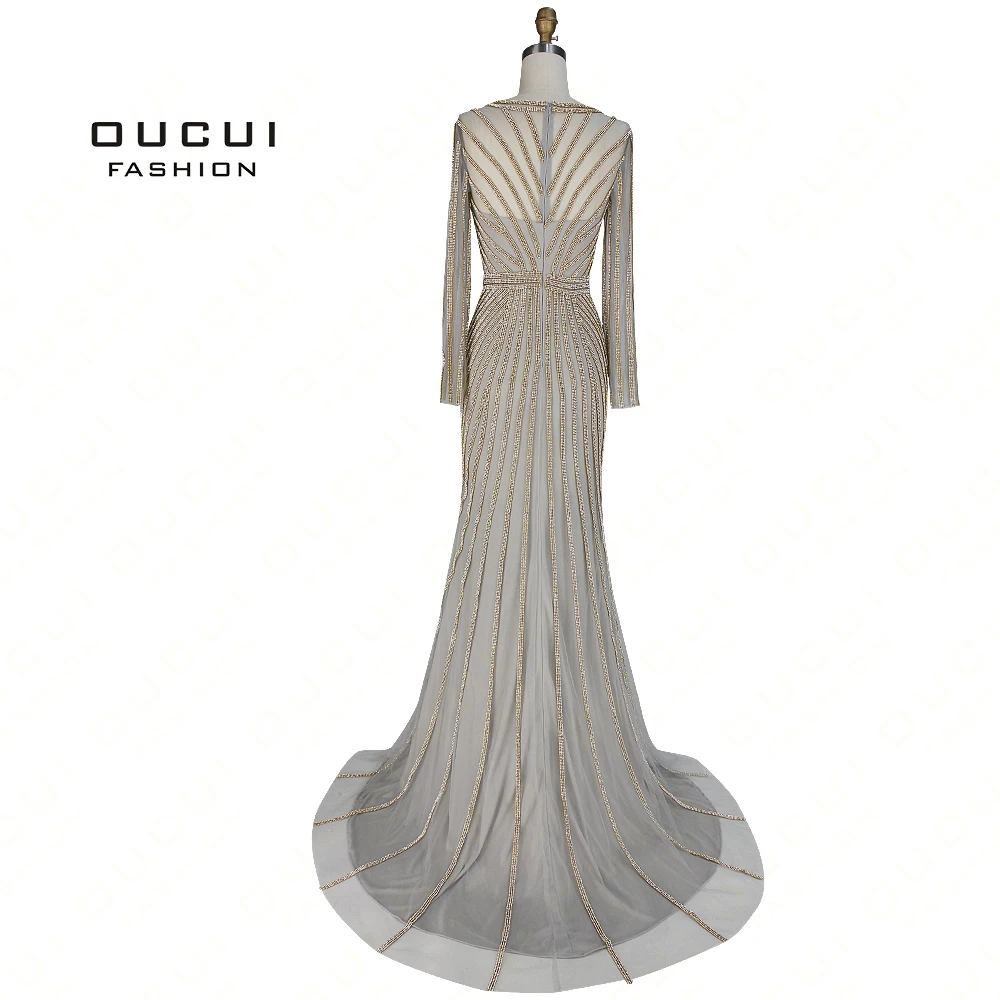 Настоящая фотография, Дубай, модное вечернее платье, тюль, кристалл, круглый вырез, официальное платье для выпускного вечера, роскошное, длинный рукав, Robe De Soiree OL102871B
