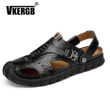 Vkergb обувь из натуральной кожи; сезон лето Для мужчин сандалии черные коричневые ручного шитья Для мужчин дышащая пляжная обувь Босоножки, шлепанцы 2 в 1 домашняя обувь