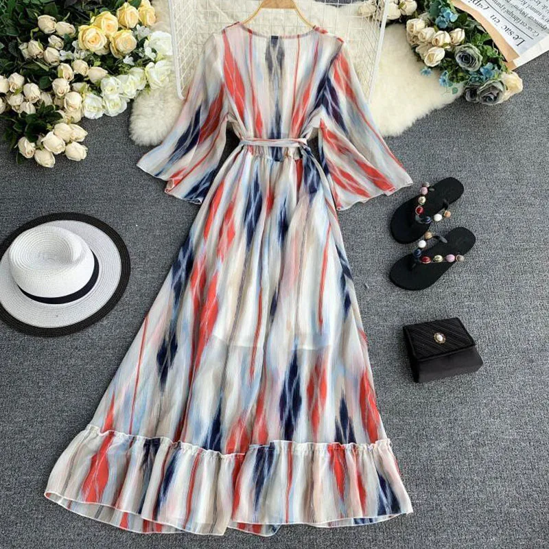 

2019 Korean version summer Chiffon Rainbow Ruffle long Dress V-neck High waist Belt A-line dress cc2