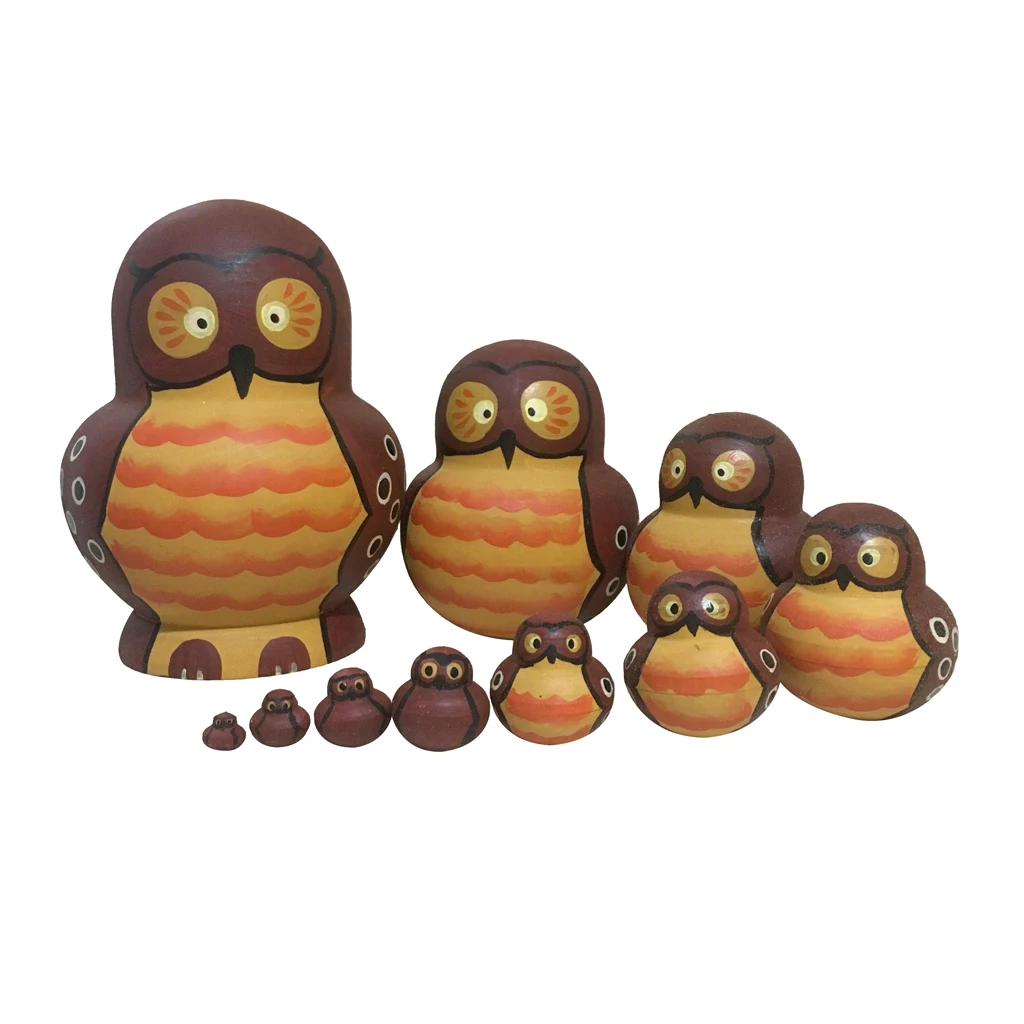 10 PCS Cute Cartoon Owl Pattern Handmade Wooden Russian Nesting Dolls For Kids Toy