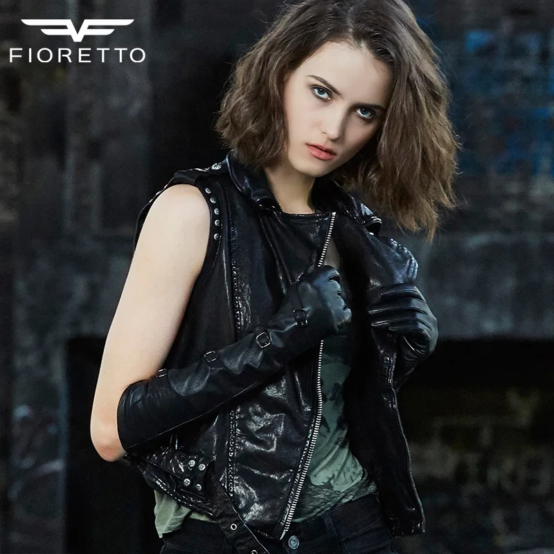 Женские перчатки fioreto черные зимние из натуральной кожи на ремешке|long genuine leather