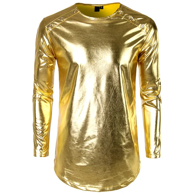 Shiny Gold Metallic Longline T Shirt Men 2018 Brand New Long Sleeve Button Glossy T shirt Men