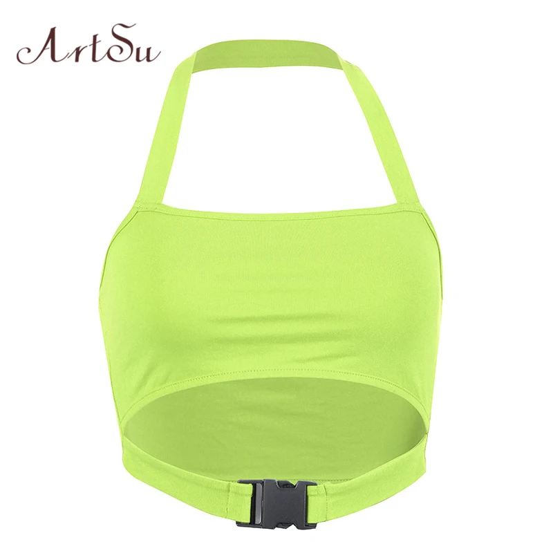 

ArtSu Streetwear 2019 Halter Top Camis Sleeveless Sexy Crop Top Women Backless Buckle Tops Green Red Black Cami Top ASVE20536