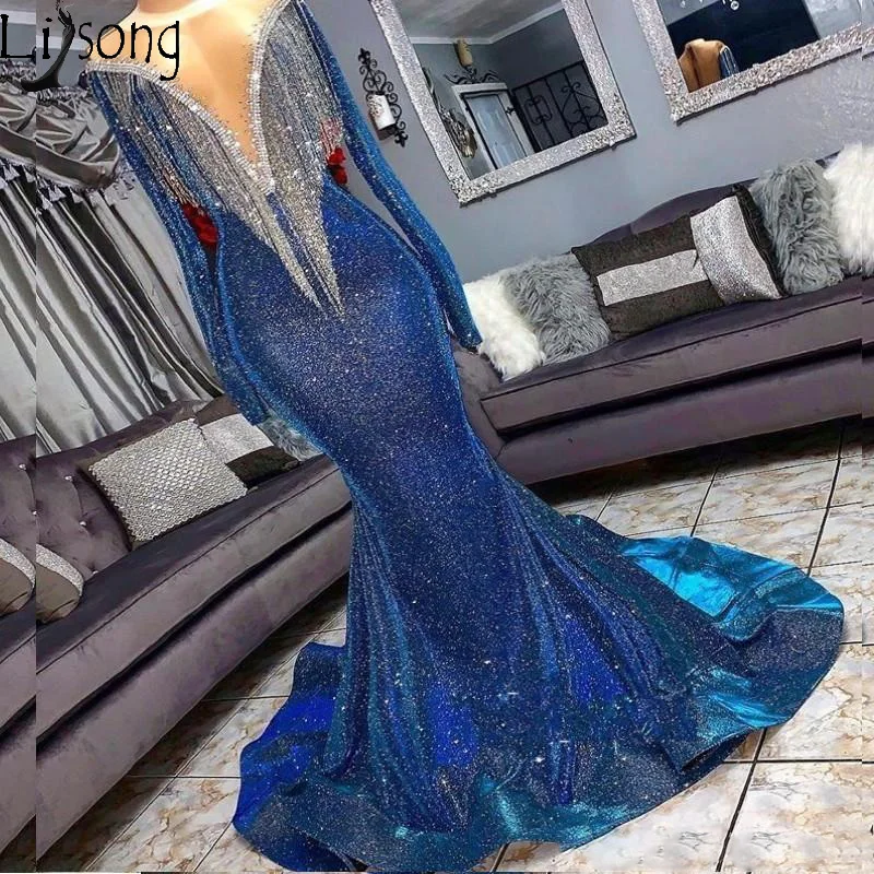 

Reflective Sequins Mermaid Prom Dresses Beads Sheer Neck Long Sleeves Evening Gowns With Tassels Sweep Train Formal Party Dress