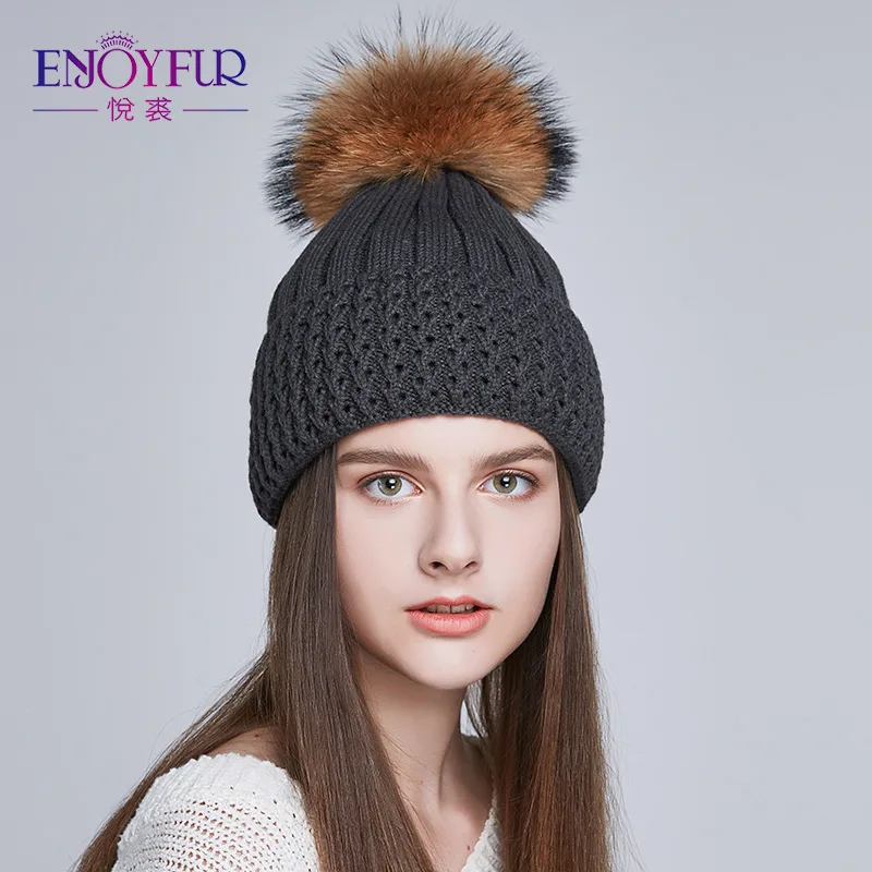 Женские шапки с меховым помпоном ENJOYFUR, шапки с помпоном из натурального меха енота или лисы, для осени и зимы - Цвет: 03D